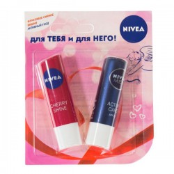 Набор, Nivea (Нивея) 4.8 г + 4.8 г Для тебя и для него бальзамы для губ (активный уход для мужчин + фруктовое сияние вишня)